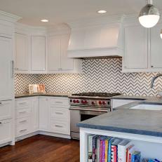 White Open Plan Kitchen With Striped Backsplash
