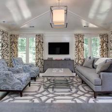 Gray and White Contemporary Living Room With Pendant