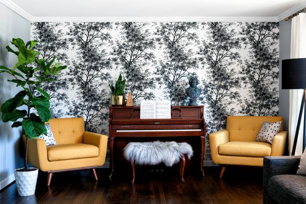 Eclectic Living Room With Piano and Black and White Floral Wallpaper