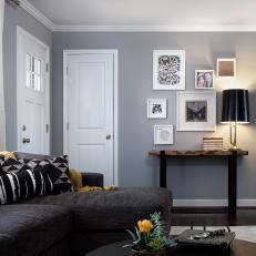Transitional Gray Living Room With Gallery Wall