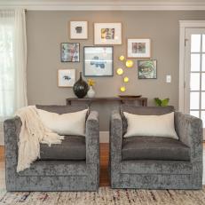 Gray Transitional Living Room With Gallery Wall