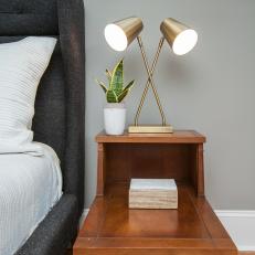 Wood Nightstand and Gold Metal Table Lamp