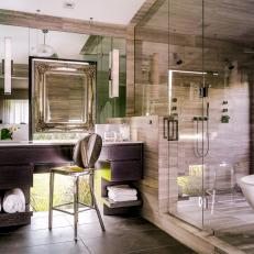 Gray Modern Spa Bathroom With Mirrored Stool