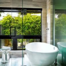 Gray Modern Bathroom With Bamboo View
