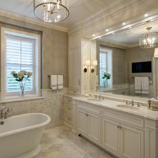 White Traditional Master Bathroom With Marble Counters