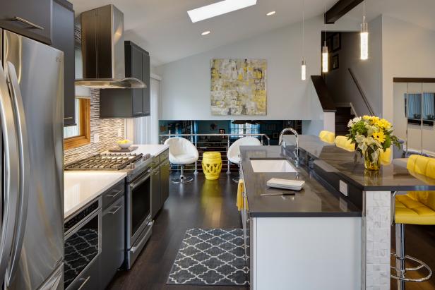Black and Yellow Contemporary Open Kitchen | HGTV