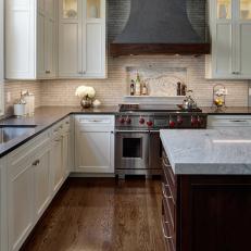 White Transitional Kitchen With Metal Hood