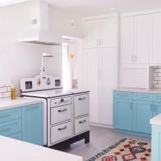 White Country Kitchen With Blue Cabinets