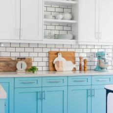 Blue and White Kitchen With Subway Tiles