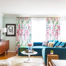 Blue Eclectic Living Room With Floral Curtains