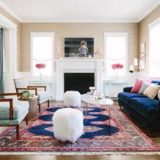 Neutral Contemporary Living Room With Blue Sofa