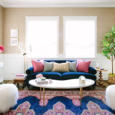 Neutral Contemporary Living Room With Blue Rug