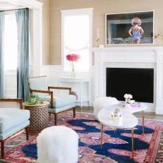 Neutral Eclectic Living Room With Furry Stools