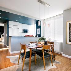 Blue Kitchen and Midcentury Dining Room