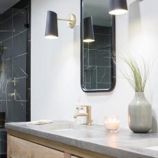 Modern Black and White Bathroom with Gray Countertops