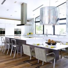 White Modern Eat In Kitchen With Wood Floor