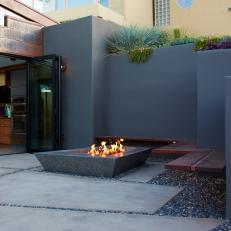 Mod Patio With Fire Pit and Tall Planters