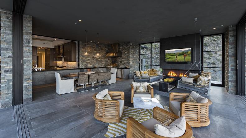 Contemporary Patio With Gray Slate Floor, Cushioned Seating, Fireplace