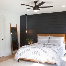 Contemporary Neutral Bedroom with Black Shiplap Accent Wall