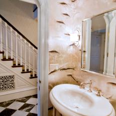Transitional Powder Room Features Metallic Glam