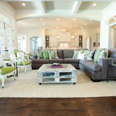 White Transitional Living Room With Green Chairs