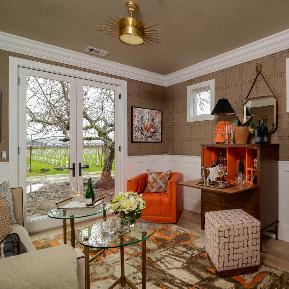 Midcentury Modern Living Room With Wainscoting, Textured Wallpaper