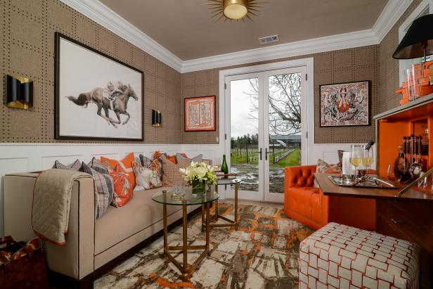 Neutral, Midcentury Modern Living Room With French Doors