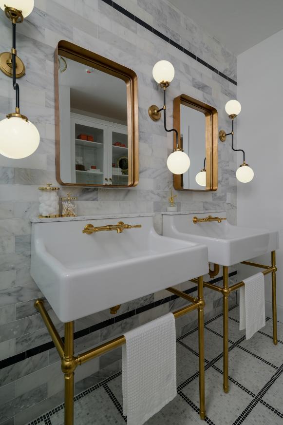 Art Deco Master Bathroom With Marble Tile Walls