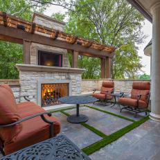 Cozy Patio With Cushioned Seating, Fireplace and TV