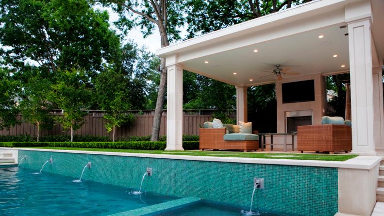 Contemporary Swimming Pool With Outdoor Seating Area