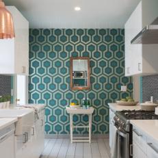 Contemporary Galley Kitchen With Blue Wallpaper