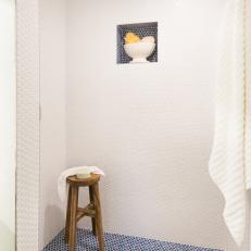 White Walk In Shower With Penny Tiles 