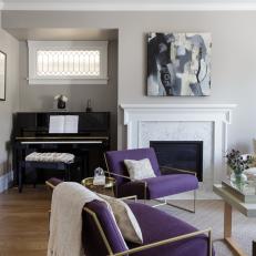 Gray, Transitional Living Room With Classic Fireplace