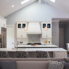 Blue Transitional Open Plan Kitchen With Vaulted Ceiling