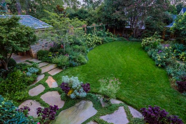 Overhead View of Green Lawn, Traditional Garden