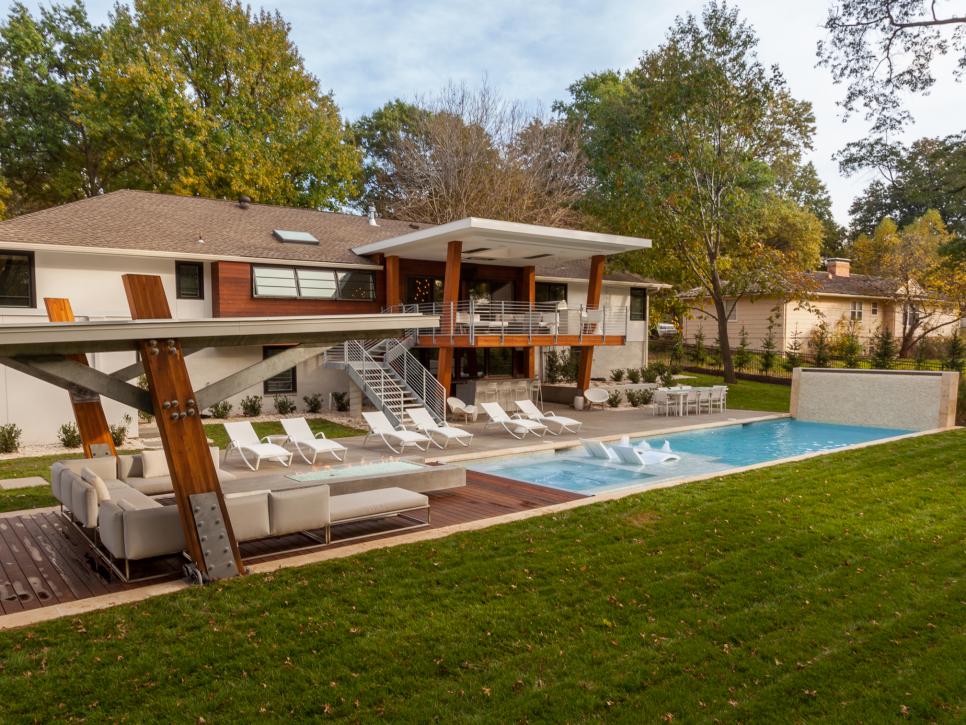 Midcentury Modern Backyard With Pool and Covered Lounge Area
