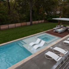 Linear, Midcentury Backyard Features Pool and Lounge Chairs