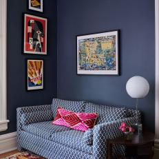 Blue Eclectic Sitting Area With Graphic Sofa