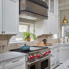 White Transitional Chef Kitchen With Metal Hood