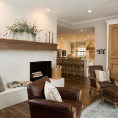 Rustic Neutral Living Room with White Brick Fireplace