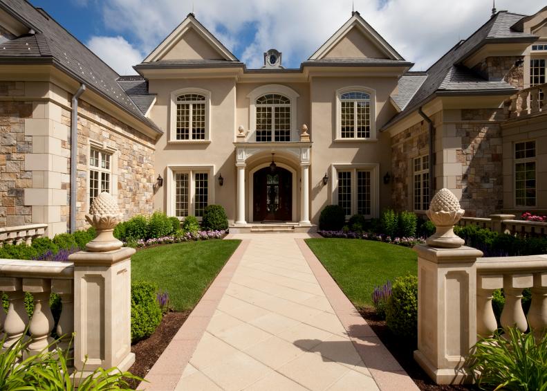 Traditional Home With Formal Garden, Stone Walkway