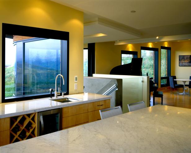 Sunny Modern Kitchen With Yellow Wall Paint Light Marble