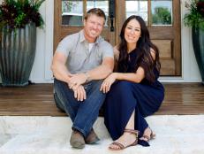 As seen on FIxer Upper, Chip and Joanna Gaines on the front porch of the newly remodeled Eberle home. (Portrait)