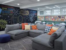 Transitional Basement Playroom With Chalkboard Wall