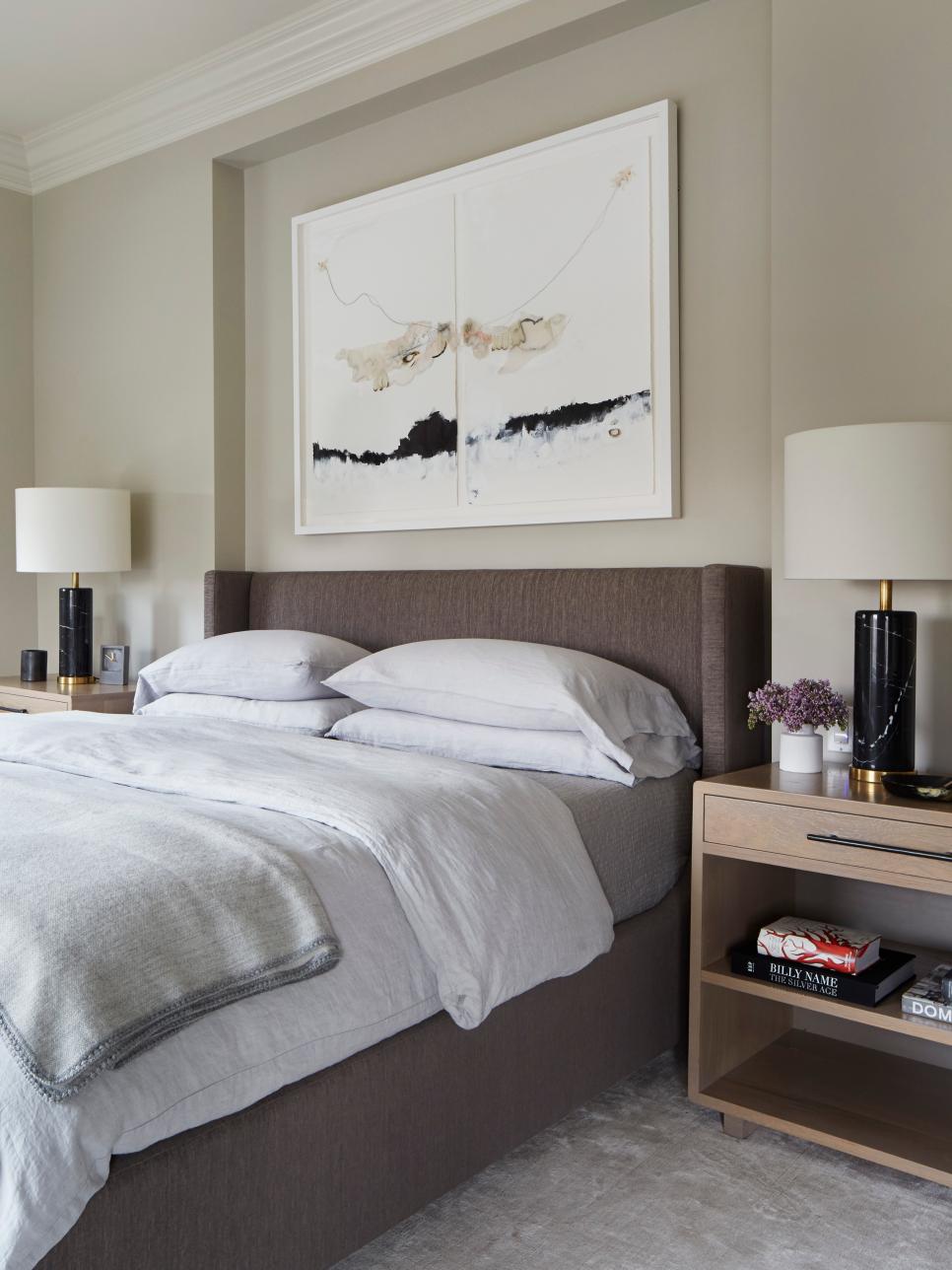 Neutral Contemporary Master Bedroom With Black Lamps | HGTV