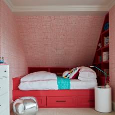 Pink Transitional Girl's Bedroom With Silver Pouf
