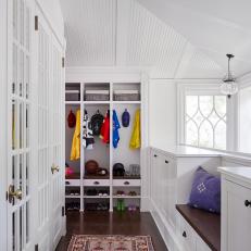 White Transitional Mudroom With Purple Pillow