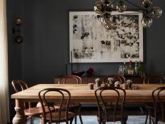 Gray Contemporary Dining Room With Wood Table