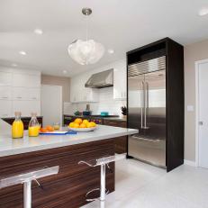 Bright Midcentury Modern Kitchen With Woodgrain Cabinet Base, Clear Seat Barstools and Framed Stainless Steel Refrigerator