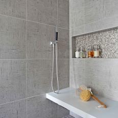 Built In Floating Shower Bench In Large Tile Gray Shower With Penny Tile Storage Cubby 